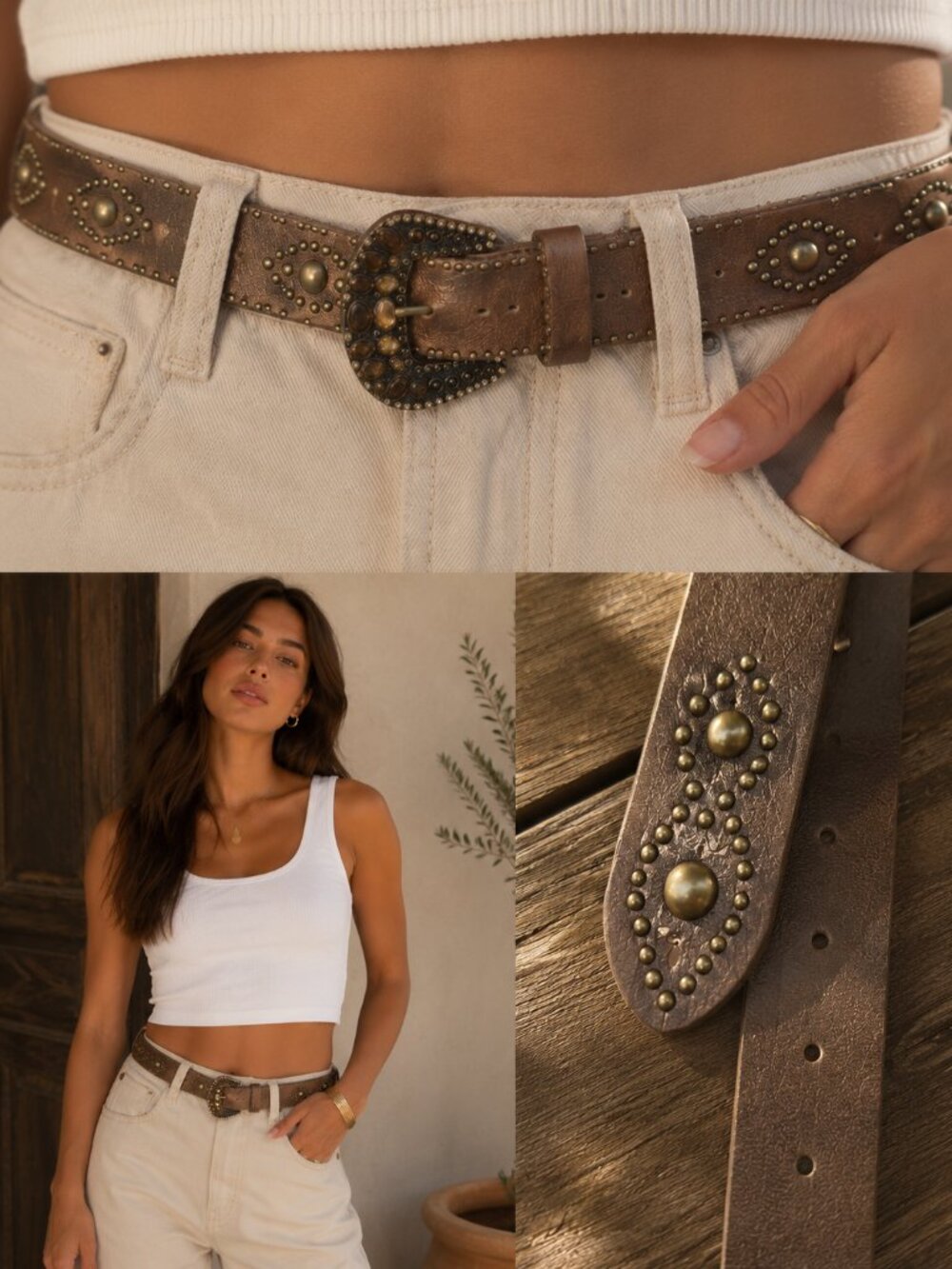 Streets Ahead Metallic Bronze Studded Leather Belt Rhinestone Buckle L
